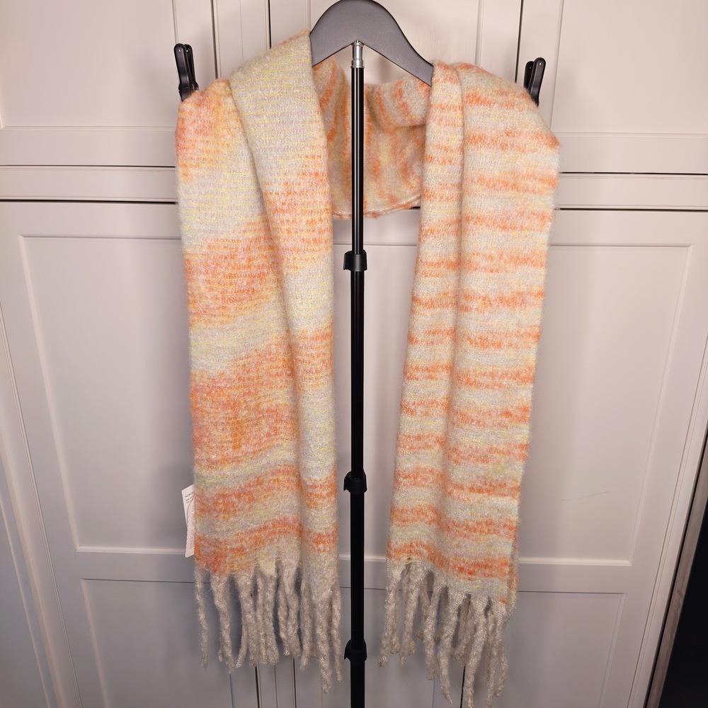 Save the Ocean Striped Fringe Scarf Recycled Knit Orange Yellow One Size NEW